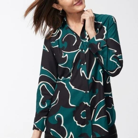 CHICO'S No Iron Stretch Scroll Print Shirt Women's Sz 4 Green Black - Picture 2 of 8